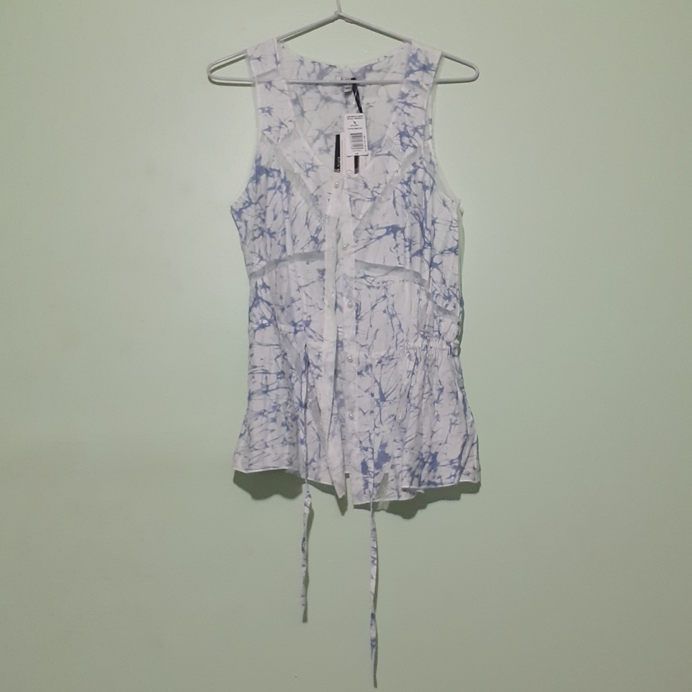 Babydoll Front button Sleeveless Sheer Lace shirt with mother of pearl button S
